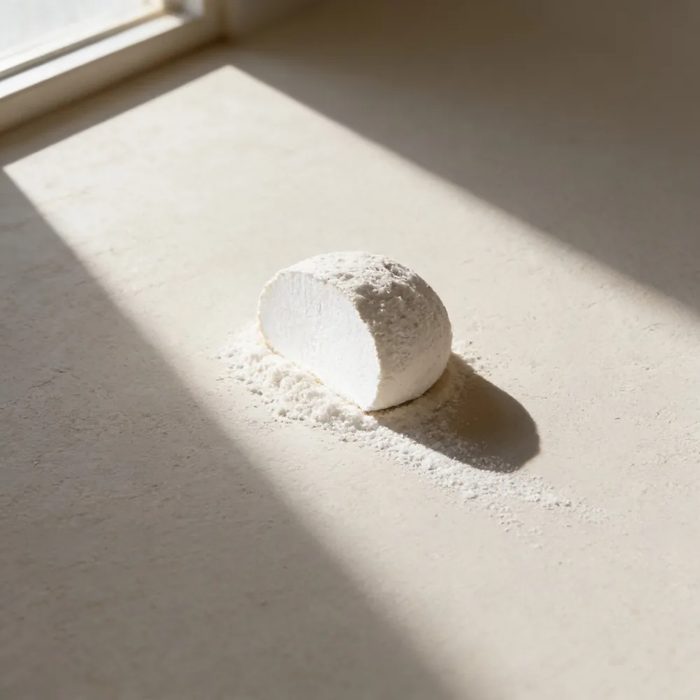 A shallow glass dish with a small heap of fine white powder. It sits on a warm off-white surface in soft daylight.