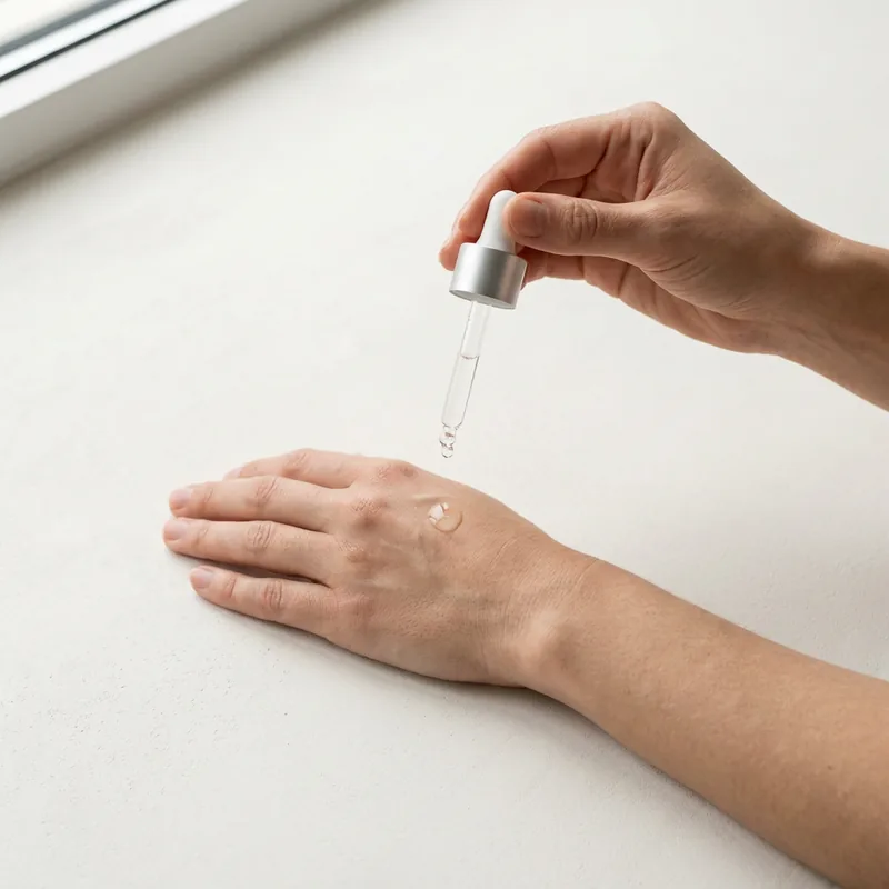 A glass dropper held above the back of a hand, releasing one clear drop of the serum.