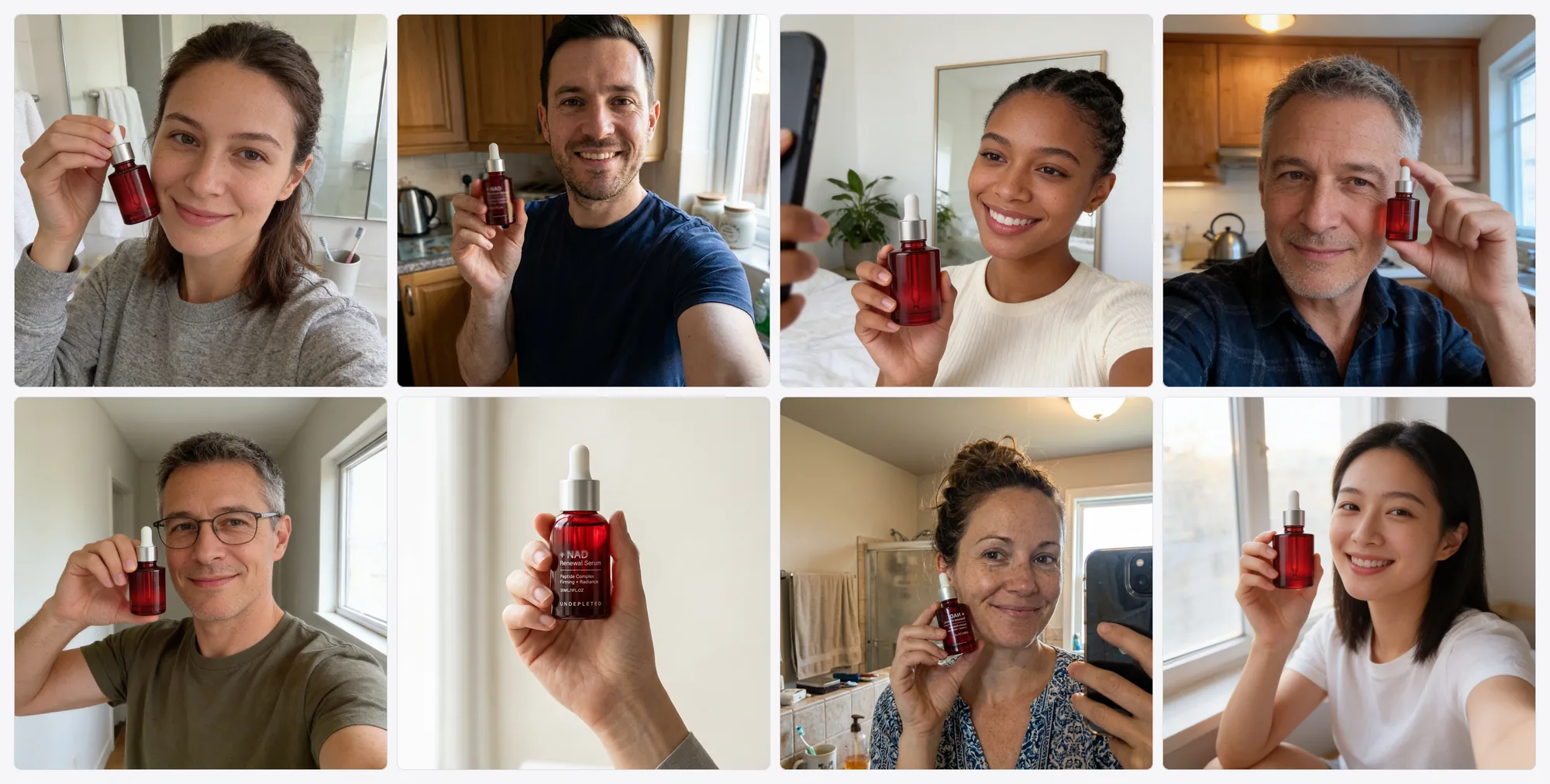 8 photos of people holding and using the UNDEPLETED serum bottle at home.