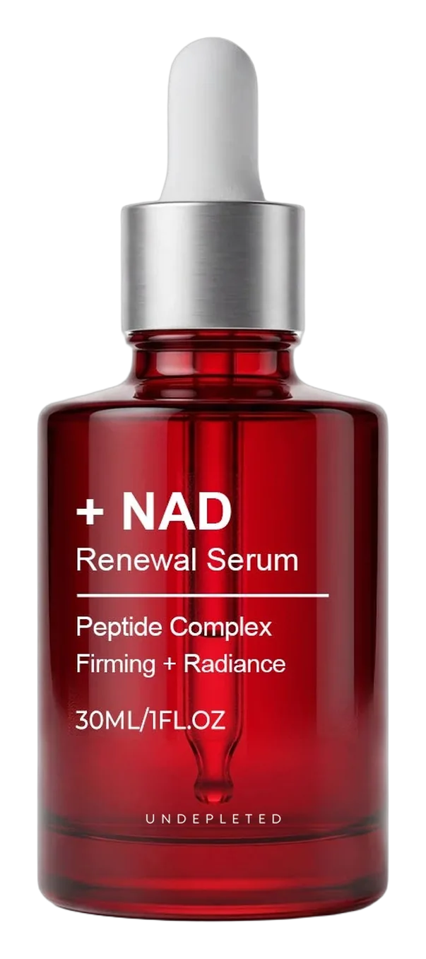 The UNDEPLETED + NAD Renewal Serum bottle, 30ml, deep red glass with a brushed silver collar.