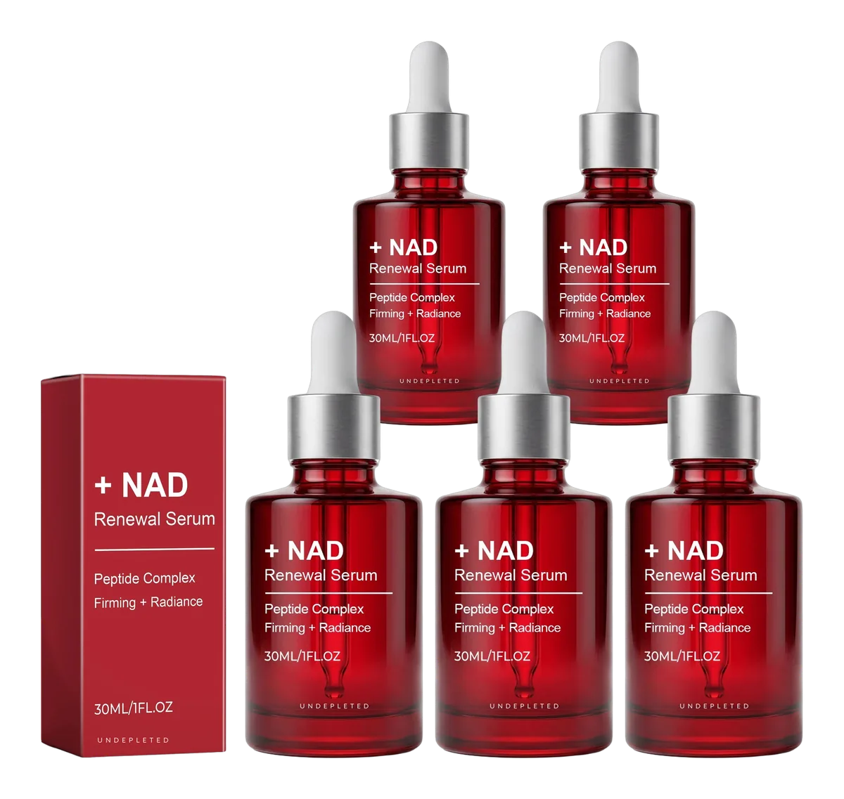 Five bottles of UNDEPLETED + NAD Renewal Serum