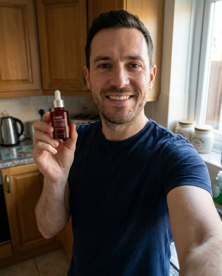 Stand-in photo: a person holding the serum bottle in daylight.