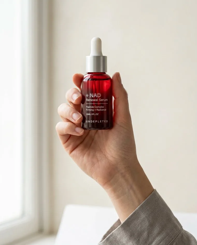 Stand-in photo: a person holding the serum bottle.